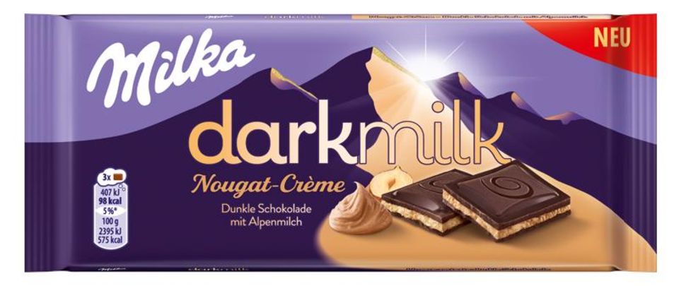 Es gibt Zuwachs im lilafarbenen Schokoladenregal: Milka Dark Milk Nougat-Crème. Hier trifft feine Nougatcrème-Füllung auf Milkas zarteste dunkle Schokolade mit Alpenmilch. 85 Gramm zartschmelzender Geschmack, der Schoko-Fans begeistern wird.