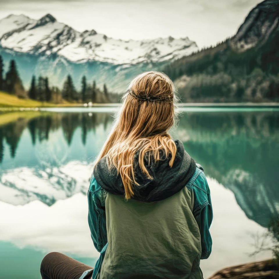 Frau schaut auf ruhigen Bergsee: 5 typische Verhaltensweisen von Menschen, die gern allein sind