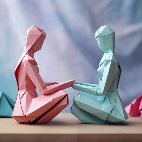 Zwei Menschen aus Origamipapier sitzen sich gegenüber