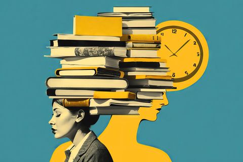 Frau und Bücher, die über ihrem Kopf schweben (Illustration)