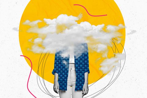 Verdrängen negativer Gedanken: Frau mit Wolkenkopf