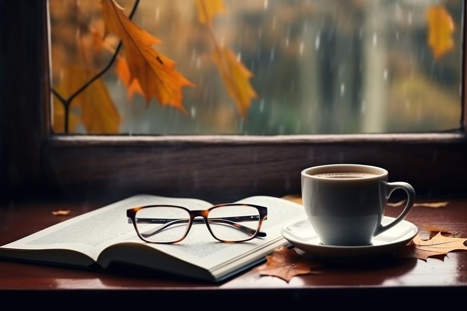 Buch, Brille und Kaffee vor herbstliche Szene: 4 spannende Bücher für düstere Tage im Herbst