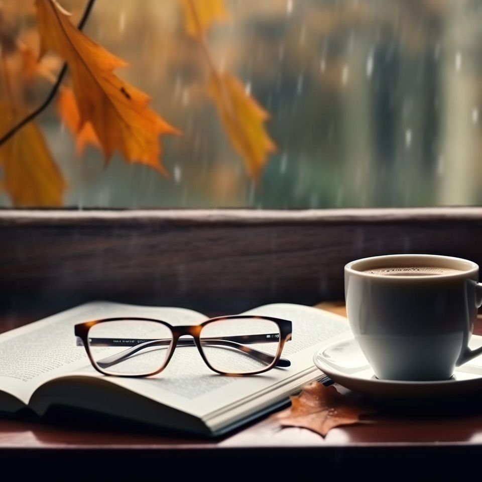 Buch, Brille und Kaffee vor herbstliche Szene: 4 spannende Bücher für düstere Tage im Herbst