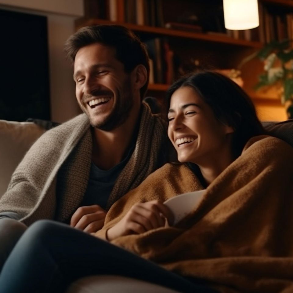 Cuffing Season: Verliebtes Paar auf einem Sofa mit Kuscheldecke