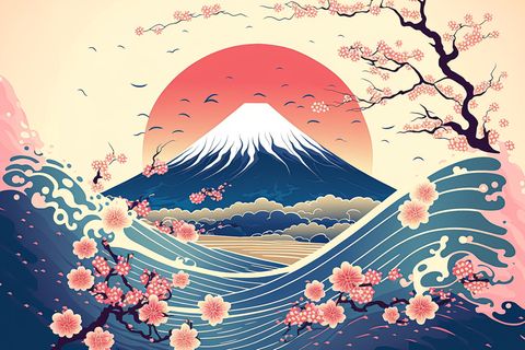 Kunstwerk von Mount Fuji mit Wellen und Kirschblüten davor