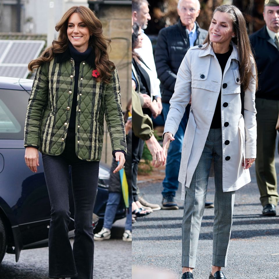 Kate setzt auf karierte Jacke, Letizia auf die Hose. Eins haben sie beide gemeinsam: die schlichten Basics zum Muster-Hingucker. 