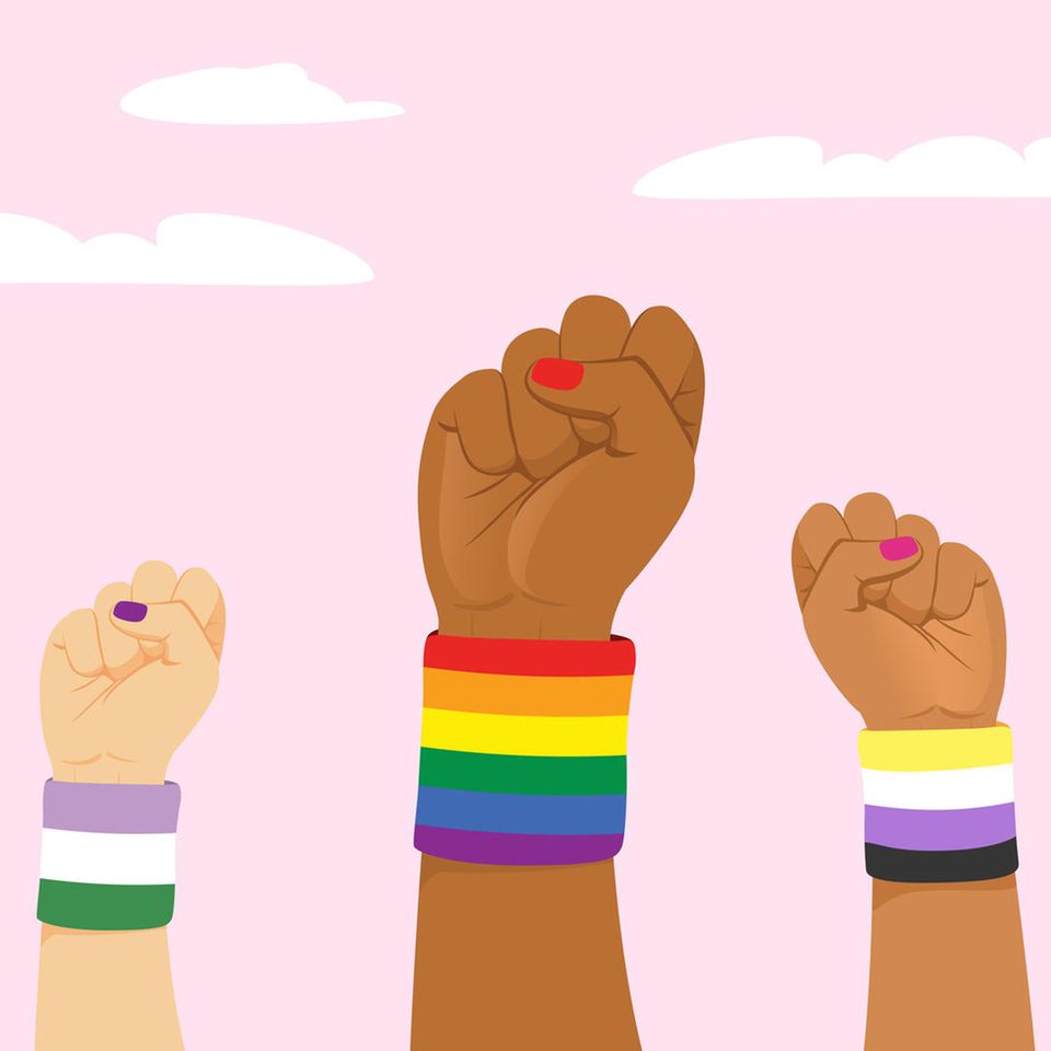 Zeichnung: Fäuste mit bunten Schweißbändern in Pride-Farben zeigen in die Luft