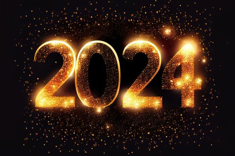 Jahreshoroskop 2024: Die Zahl 2024 in Gold auf schwarzem Hintergrund