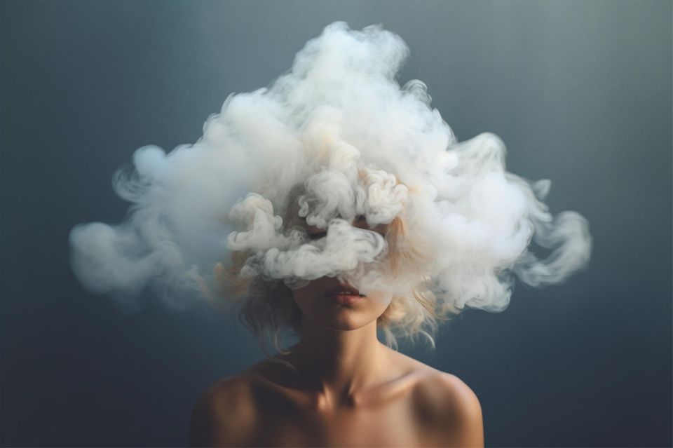 Frau mit Rauchwolke über dem Kopf