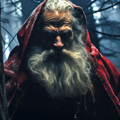 Böse dreinschauender Santa steht im Halbschatten in einem Wald
