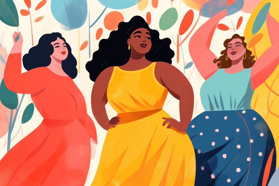Zeichnung von drei Frauen, die ihre Stärke feiern