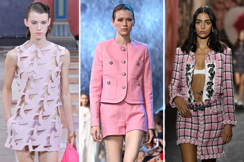 Von links nach rechts: Impressionen der Frühlings- und Sommerkollektionen 2024 von Valentino, Elie Saab und Chanel.