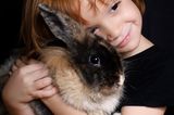 Ein Mädchen mit einem Kaninchen auf dem Arm