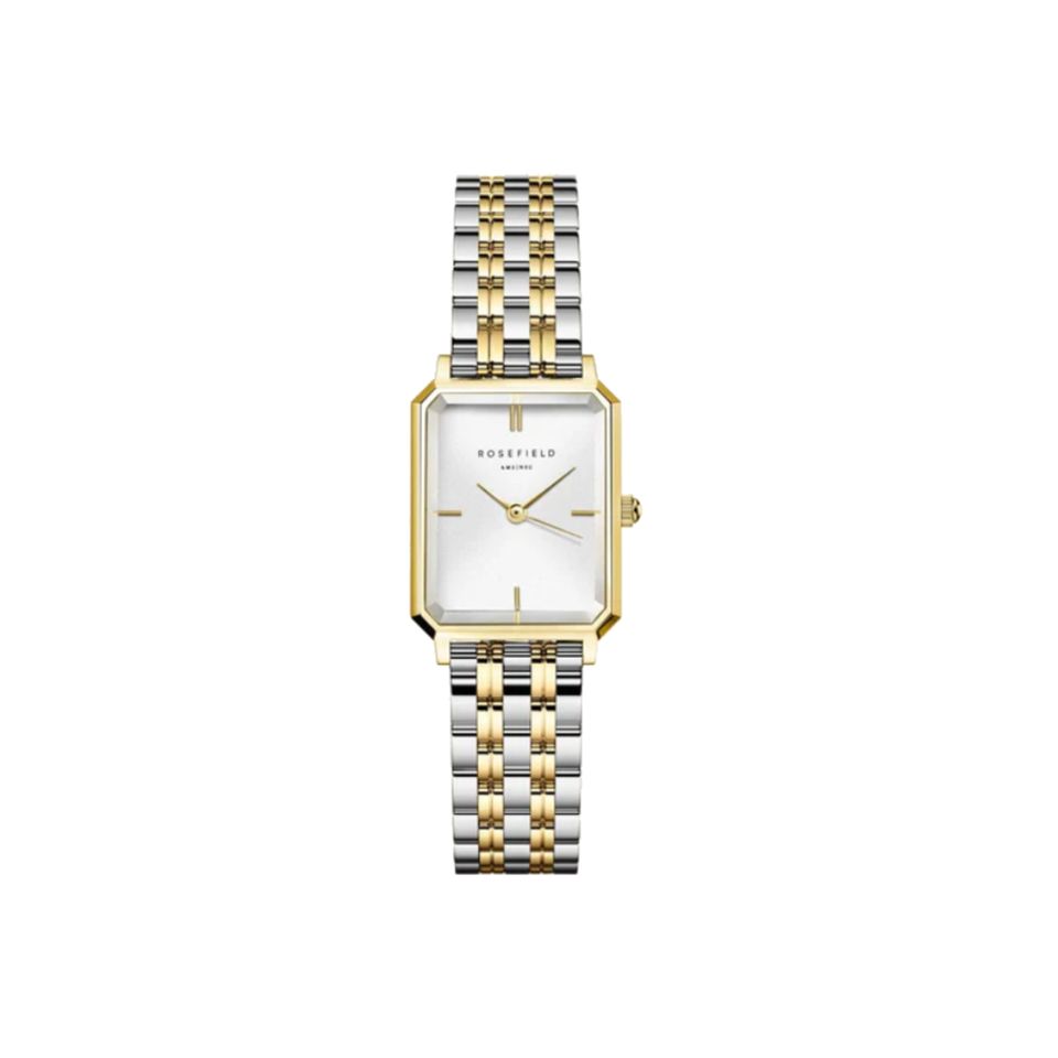 Eine klassische Armbanduhr ist immer eine gute Wahl. Dieses Modell von Rosefield lässt sich auch hervorragend mit Gold- und Silberschmuck kombinieren. Octagon XS Duotone Gold circa 130 Euro.