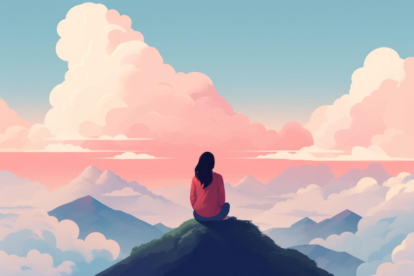 Illustration von Frau, die auf einem Berg sitzt und in die Wolken schaut: Sind Optimisten weniger intelligent?