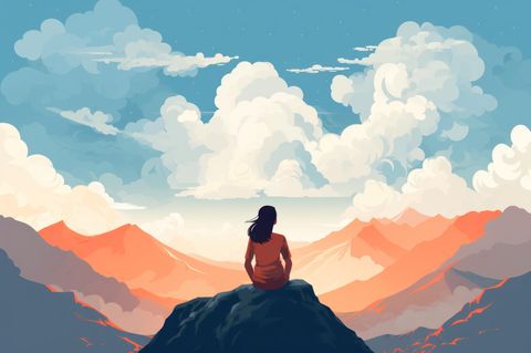 Illustration von Frau, die auf die Berge schaut: 5 Gewohnheiten von Menschen, die (fast) immer die richtige Entscheidung treffen