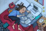 Comic: Frau liegt mit Laptob im Bett