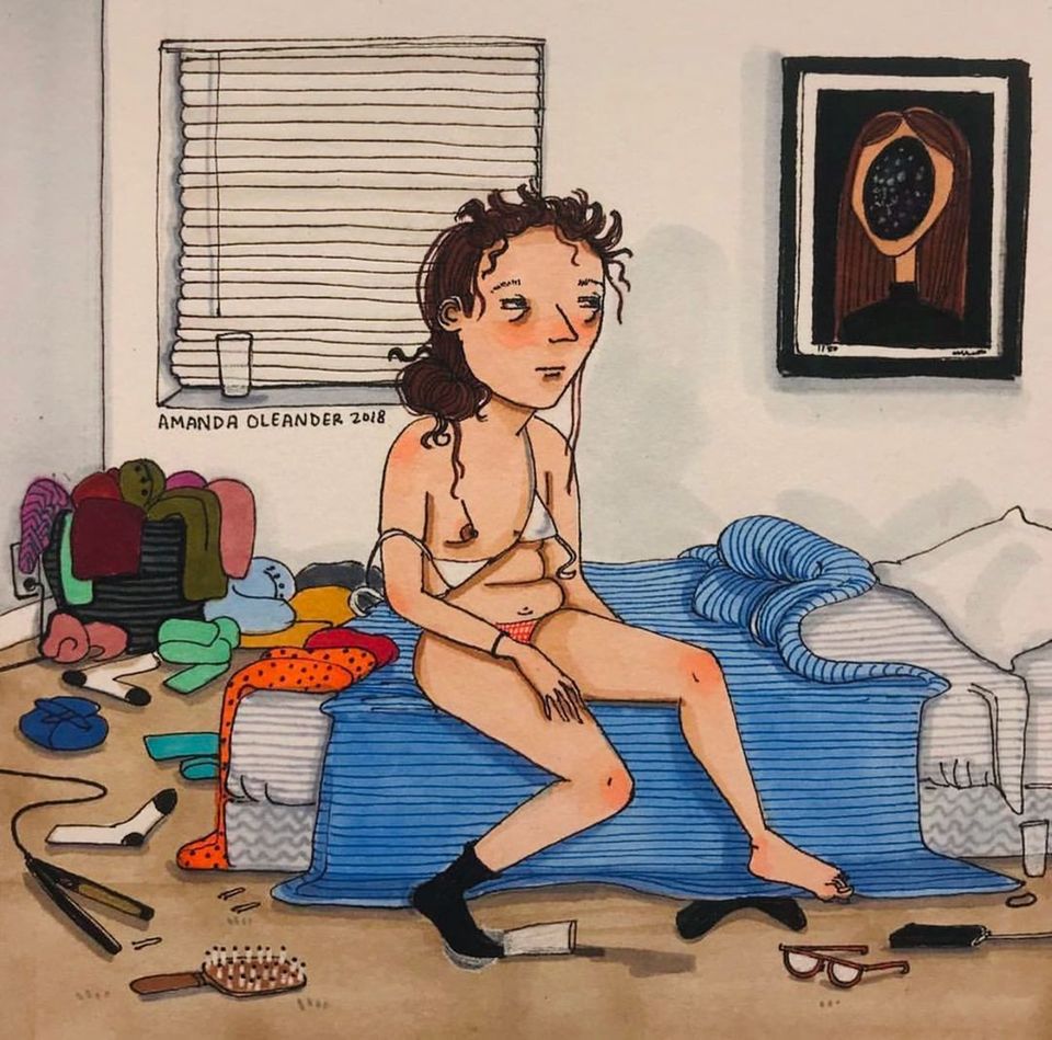 Comic: Frau sitzt auf Bett
