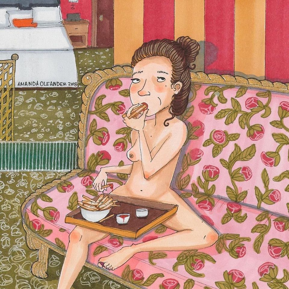 Comic: Frau isst Pommes auf Sofa