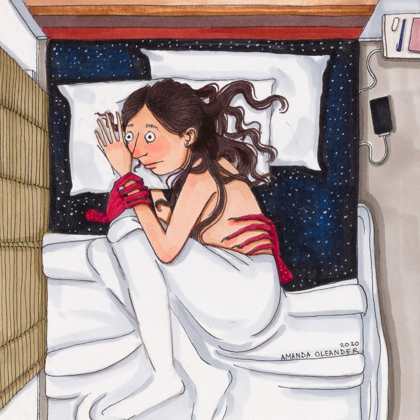Comic: Frau liegt ängstlich im Bett