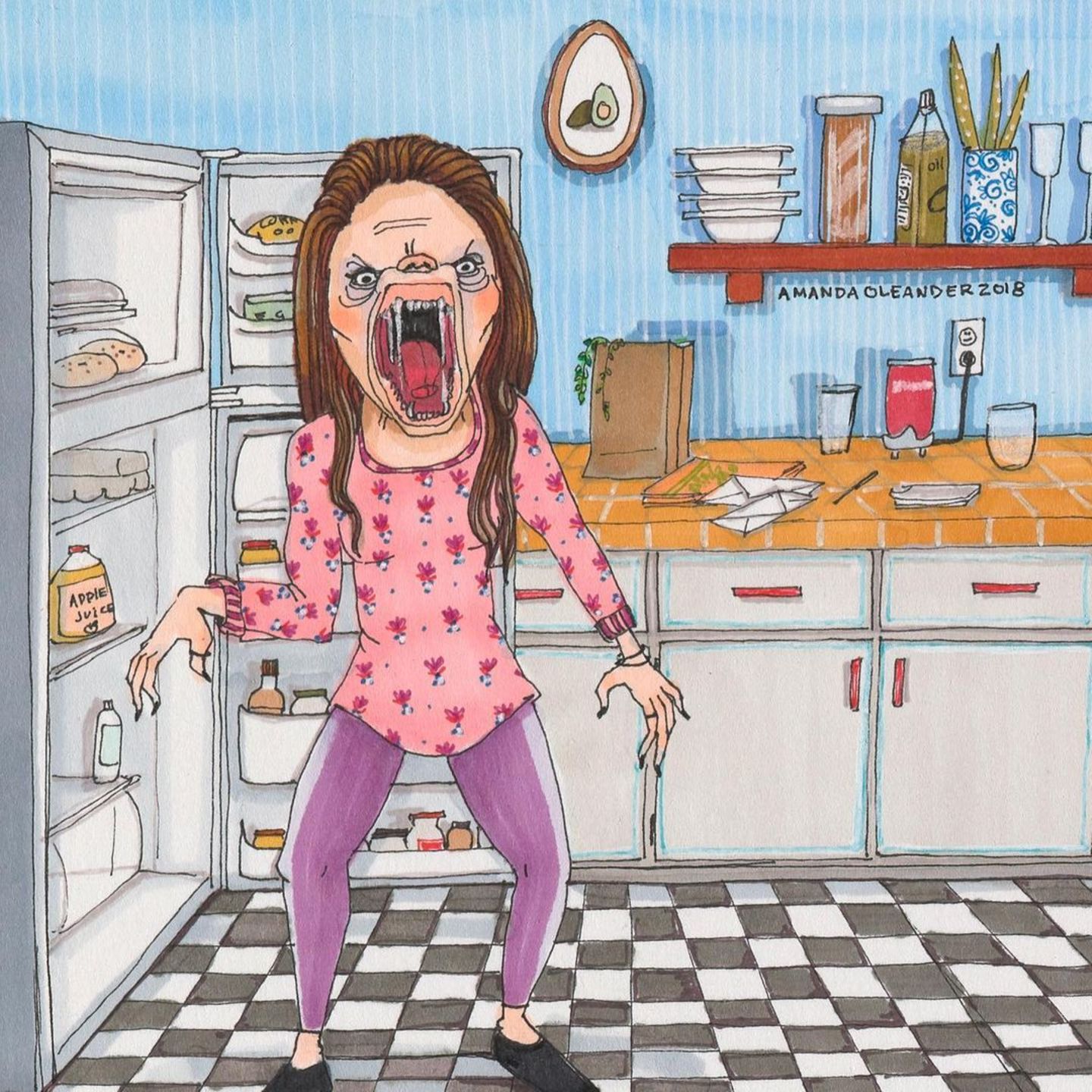 Comic: monströse Frau vorm Kühlschrank