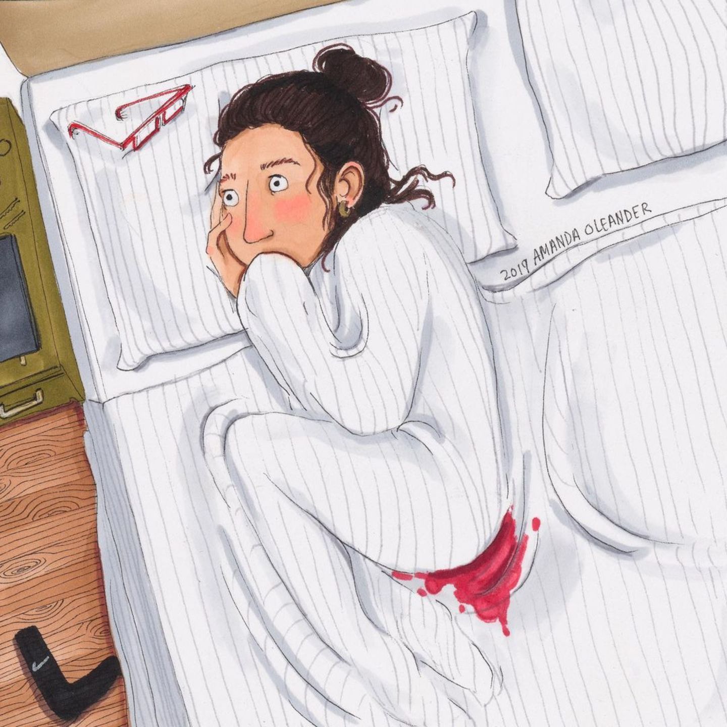 Comic: Frau im Bett während Menstruation