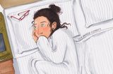 Comic: Frau im Bett während Menstruation