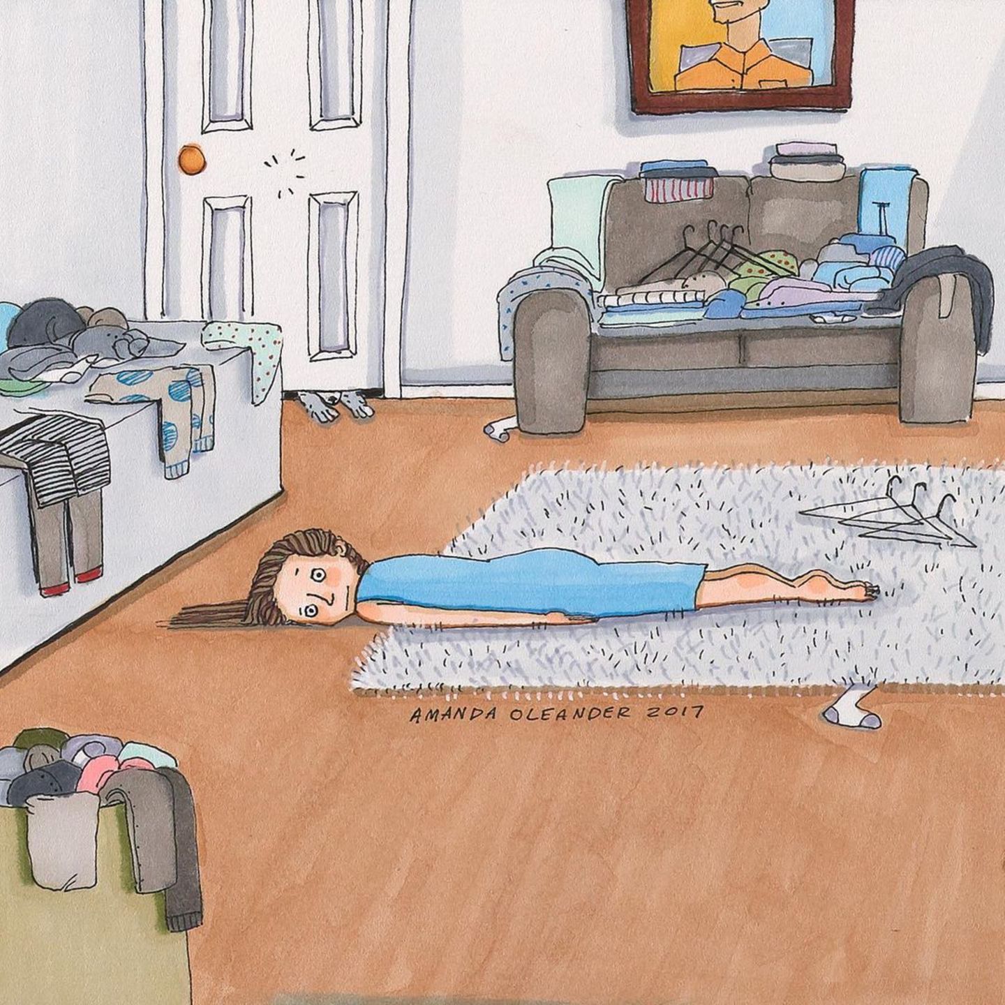 Comic: Frau liegt auf Teppich
