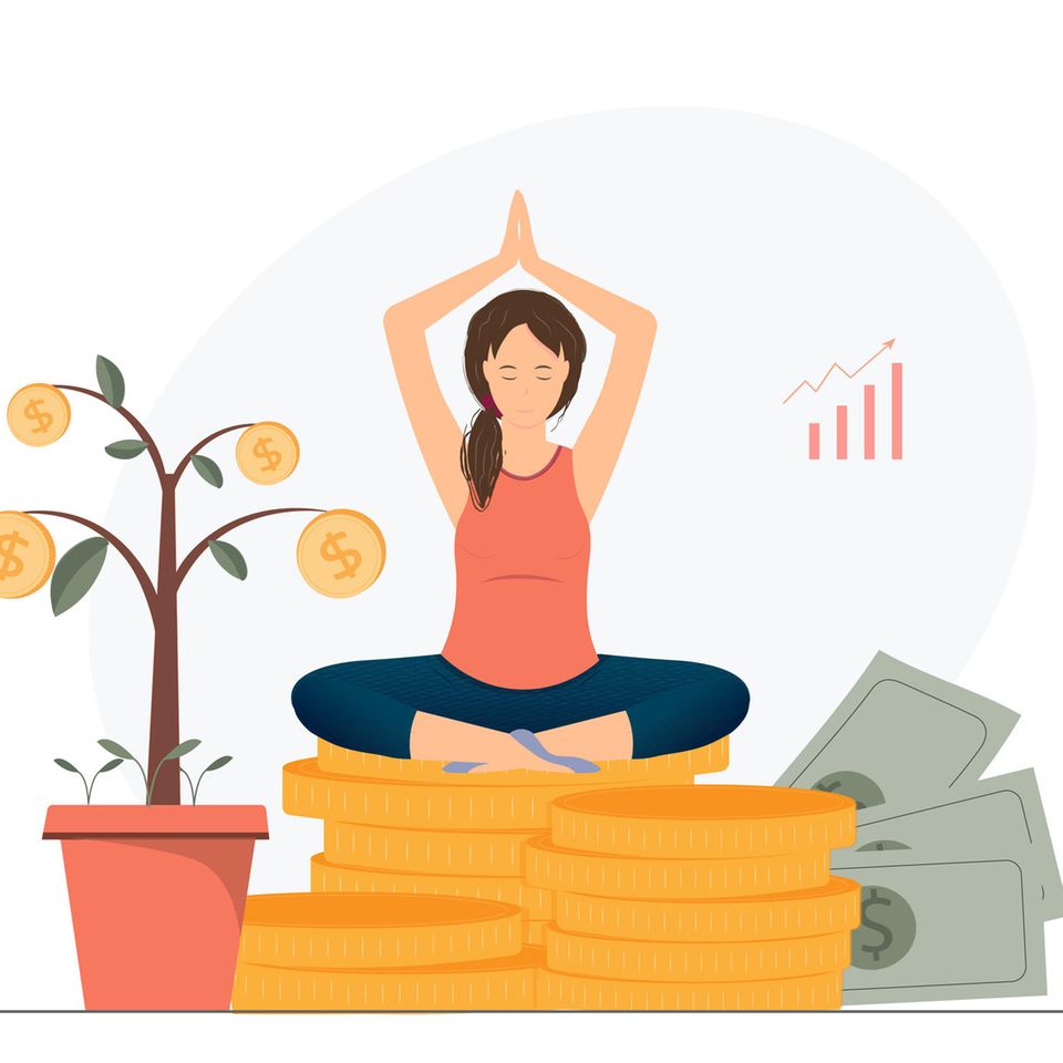 Illustration: Frau meditiert auf Geld
