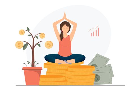 Illustration: Frau meditiert auf Geld