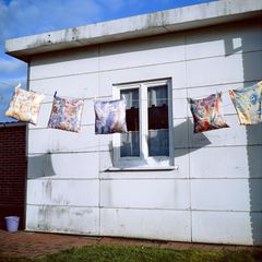 Fotoprojekt "Das Fenster zur Hecke": Kissen auf der Leine