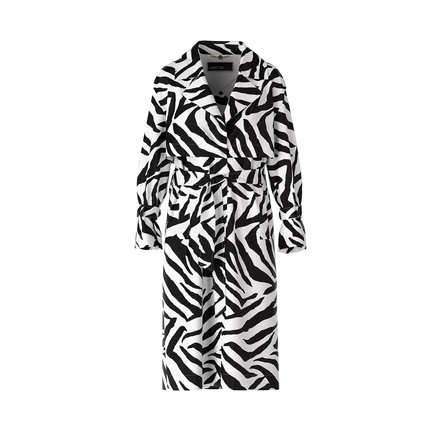 Der Mantel in Trenchcoat-Optik erhält durch das Zebra-Design ordentlich Spannung. Ein Bindegürtel verleiht dem Look Aufregung und betont die Taille. Von Marc Cain, für etwa 449 Euro erhältlich.