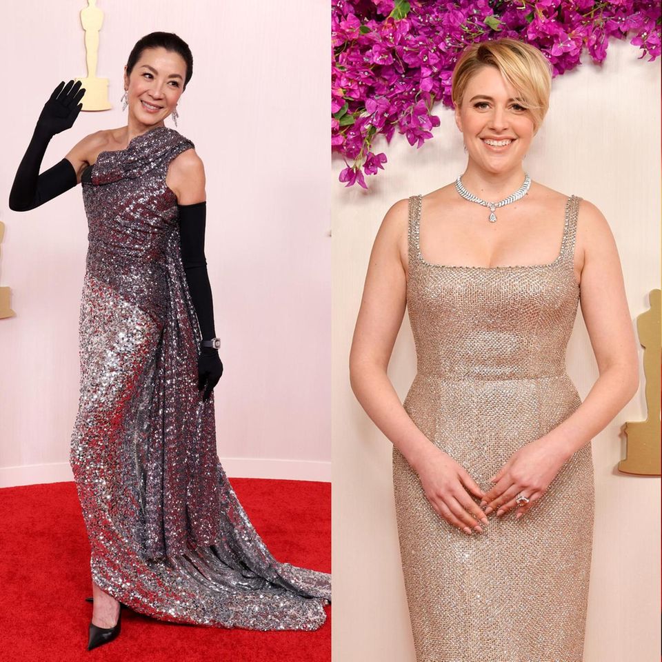 Michelle Yeoh, Greta Gerwig und Sharon Stone tragen Roben aus texturiertem Stoff bei den Oscars 2024. 