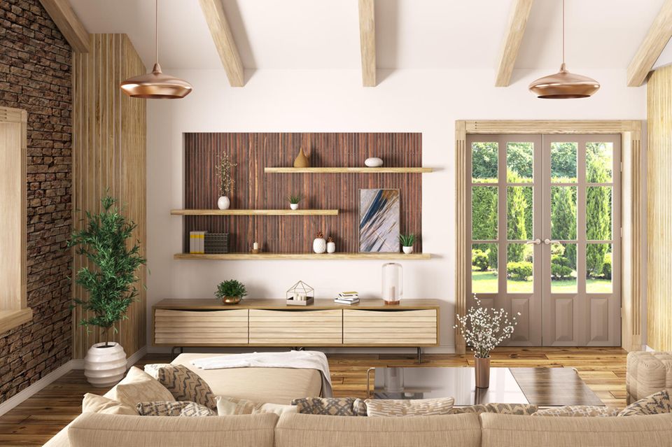 Wandgestaltung Wohnzimmer: Wohnzimmer mit Holzeinrichtung