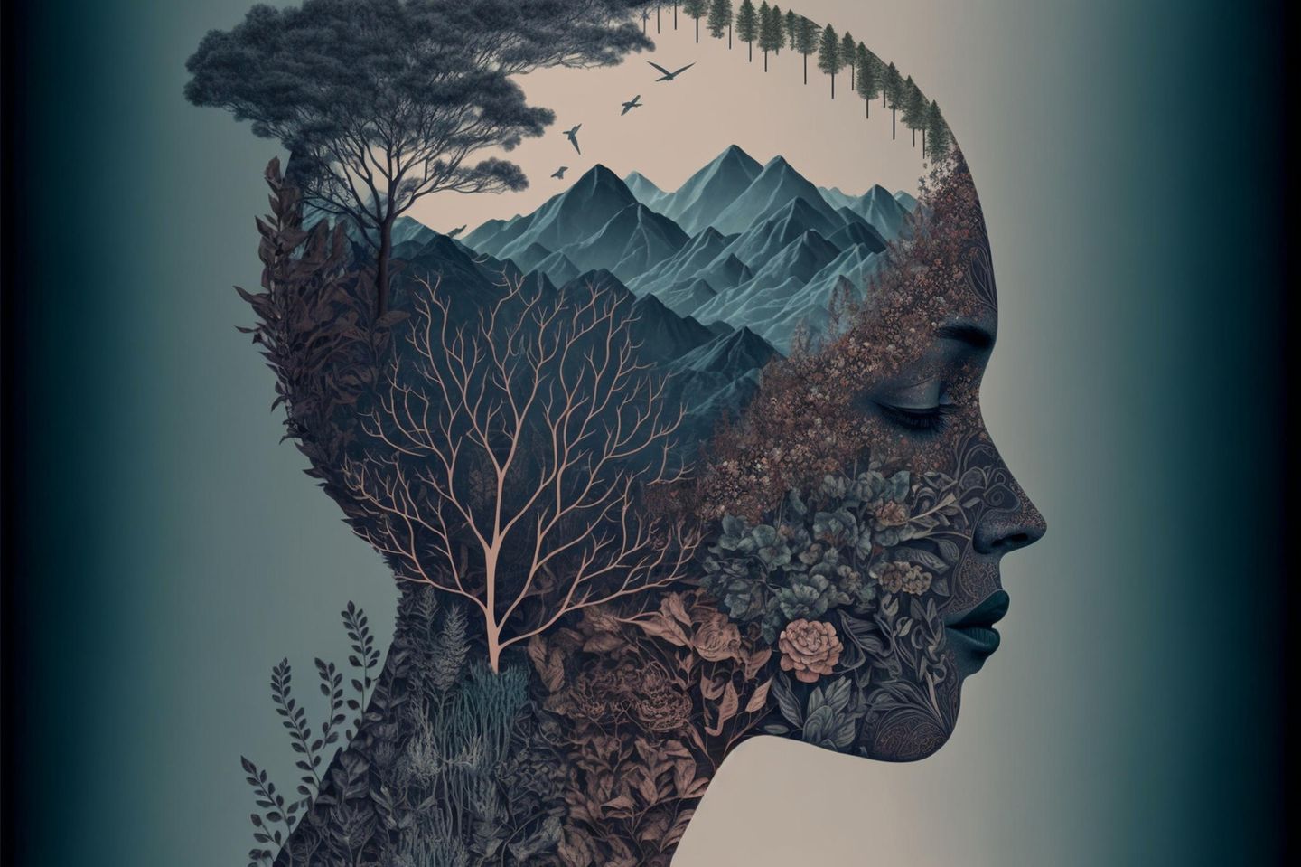 Psychologie: Abbildung einer Frau mit dem Kosmos in ihrem Kopf