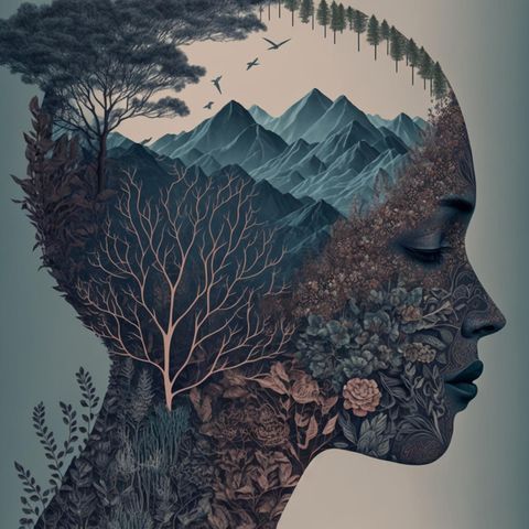Psychologie: Abbildung einer Frau mit dem Kosmos in ihrem Kopf