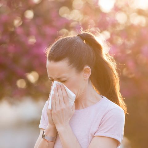 Allergie-Kolumne: Frau mit Heuschnupfen putzt sich die Nase
