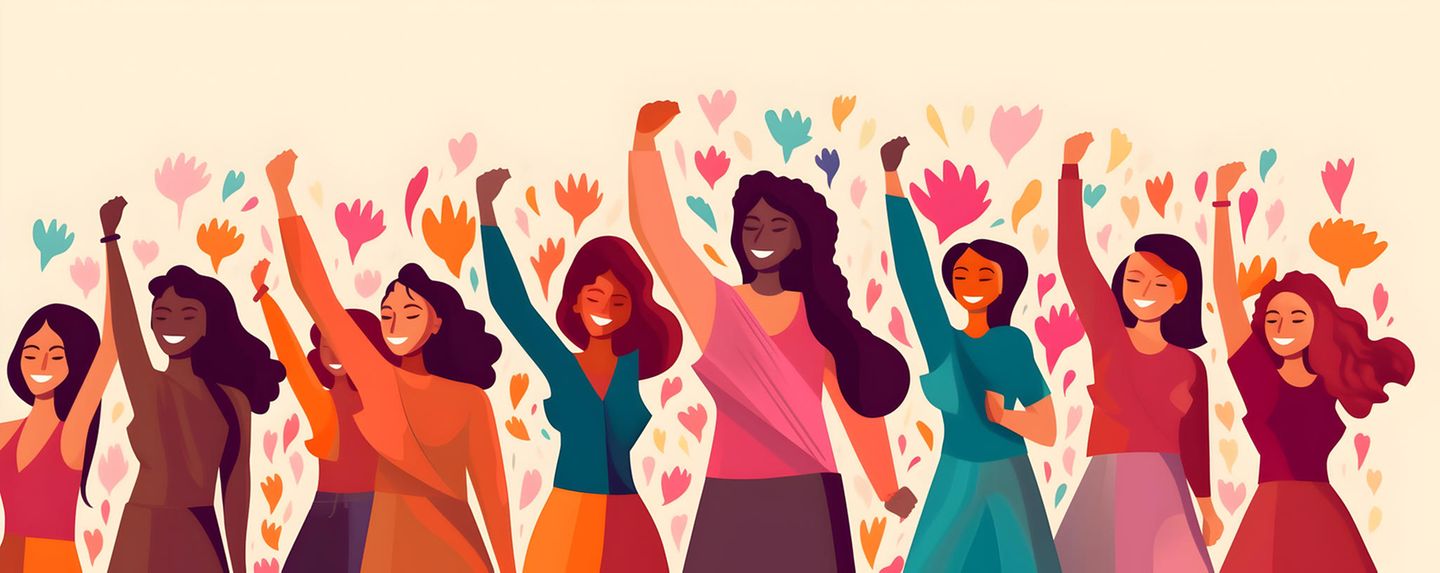 Illustration einer fröhlichen für ihre Rechte einstehenden Frauengruppe.
