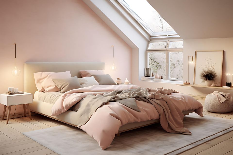 Kleines Schlafzimmer: Bett unter Dachschräge