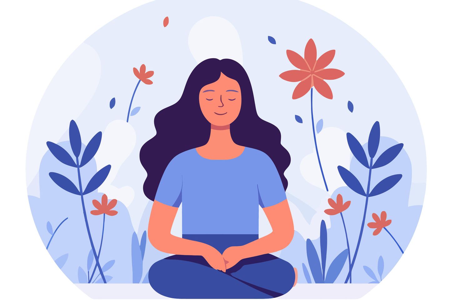 Illustration von entspannter Frau zwischen Blumen: 3 Gewohnheiten von Menschen, die sich nicht von ihrer Scham leiten lassen