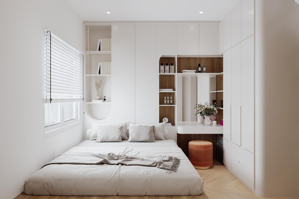 Kleines Zimmer einrichten: kleines Schlafzimmer mit Schrank und Schminkecke