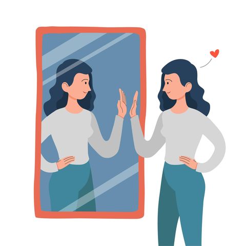 Illustration Frau vor dem Spiegel: Dieser eine Satz kann Selbsthass in Selbstliebe verwandeln