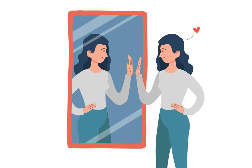 Illustration Frau vor dem Spiegel: Dieser eine Satz kann Selbsthass in Selbstliebe verwandeln