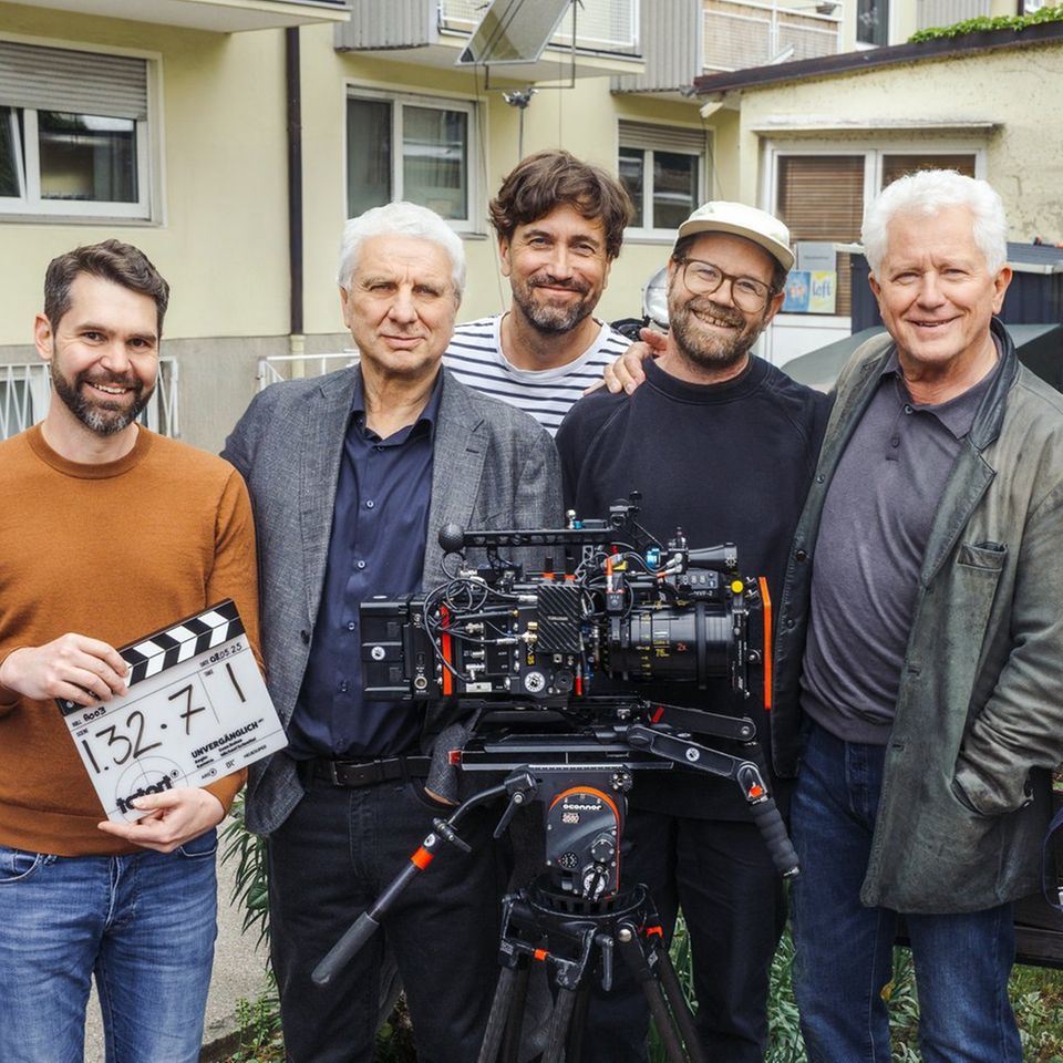 Von links: Korbinian Dufter (Produzent), Udo Wachtveitl (Rolle: Franz Leitmayr), Michael Schreitel (Kamera), Sven Bohse (Regis
