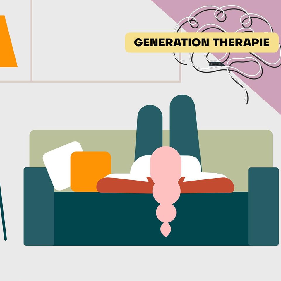 Illustration einer Frau, die rückwärts auf dem Sofa liegt, die Beine Richtung Rücklehne aufgestellt