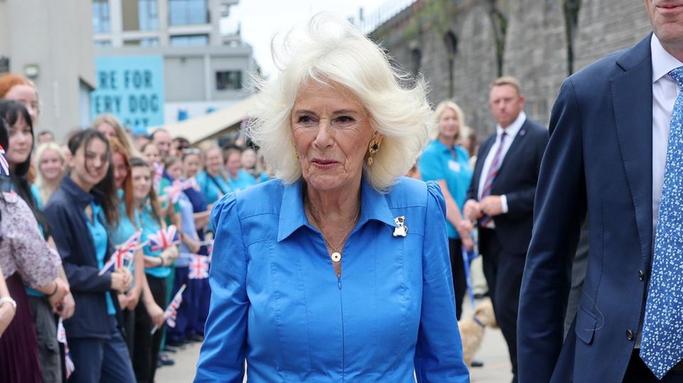 Blau und Grün sind wiederkehrende Farben im Kleiderschrank von Königin Camilla. 