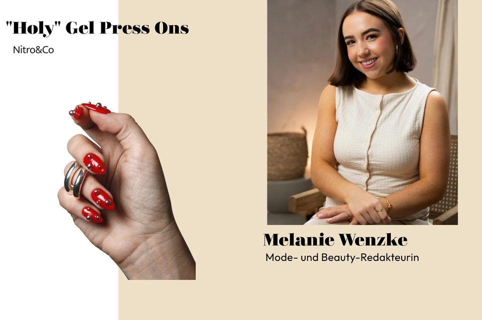 Mit den weihnachtlichen Press-On-Nägeln von Nitro & Co. stimmt sich Beauty-Lover Melanie schon auf die Feiertage ein.