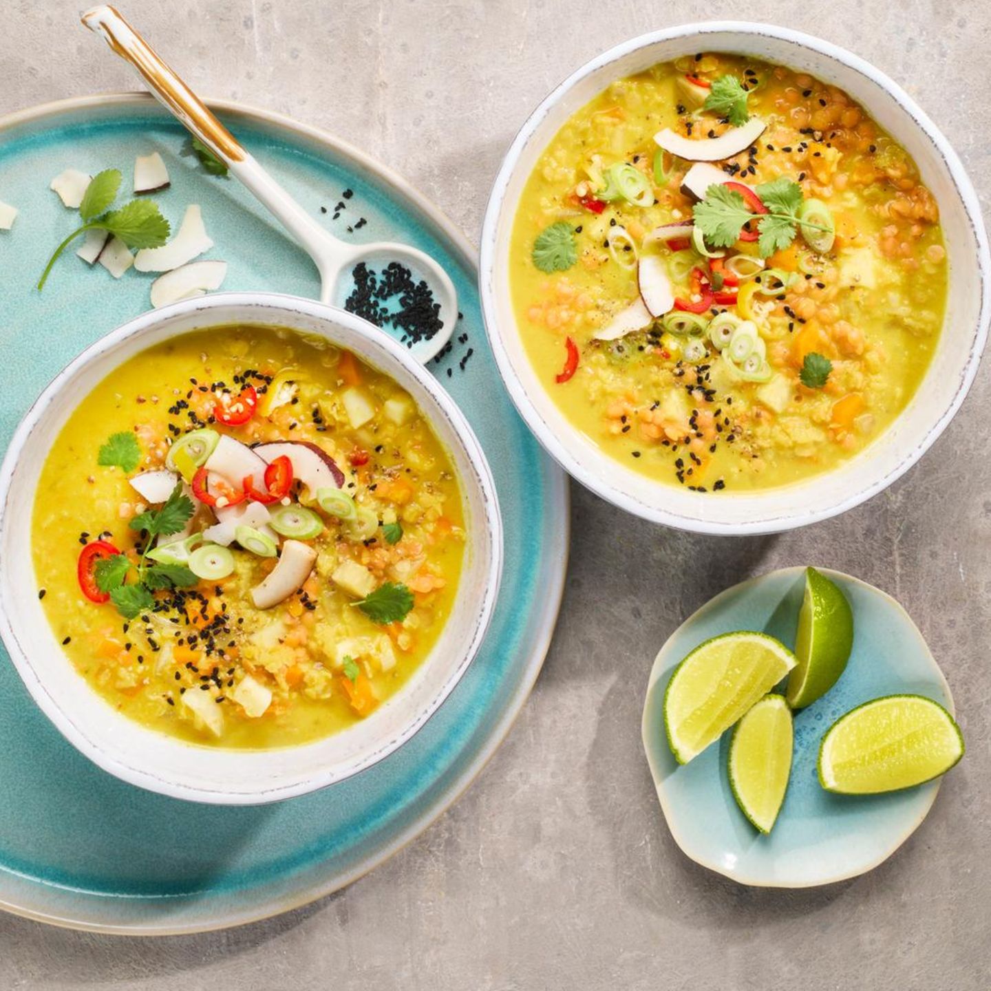 Linsen-Curry-Suppe mit Kokos-Chips