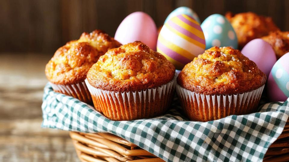 Muffins und bunte Eier in einem Korb