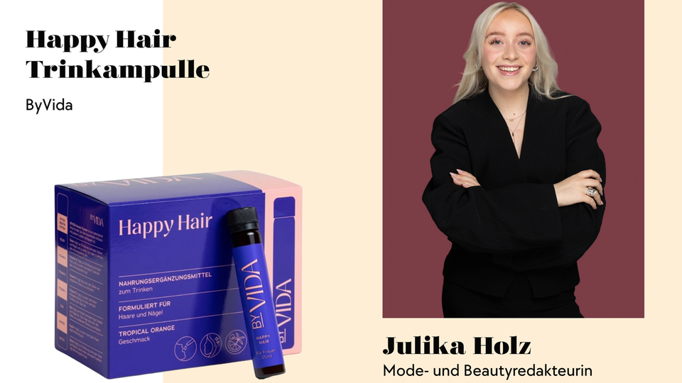 Unsere Beauty-Redakteurin hat ihr Leben lang schon feines Haar. Doch das soll sich jetzt ändern. Auf Instagram und TikTok wird schon von den ByVida-Trinkflaschen für volleres Haar geschwärmt – Julika macht jetzt den Selbsttest für "Happy Hair".